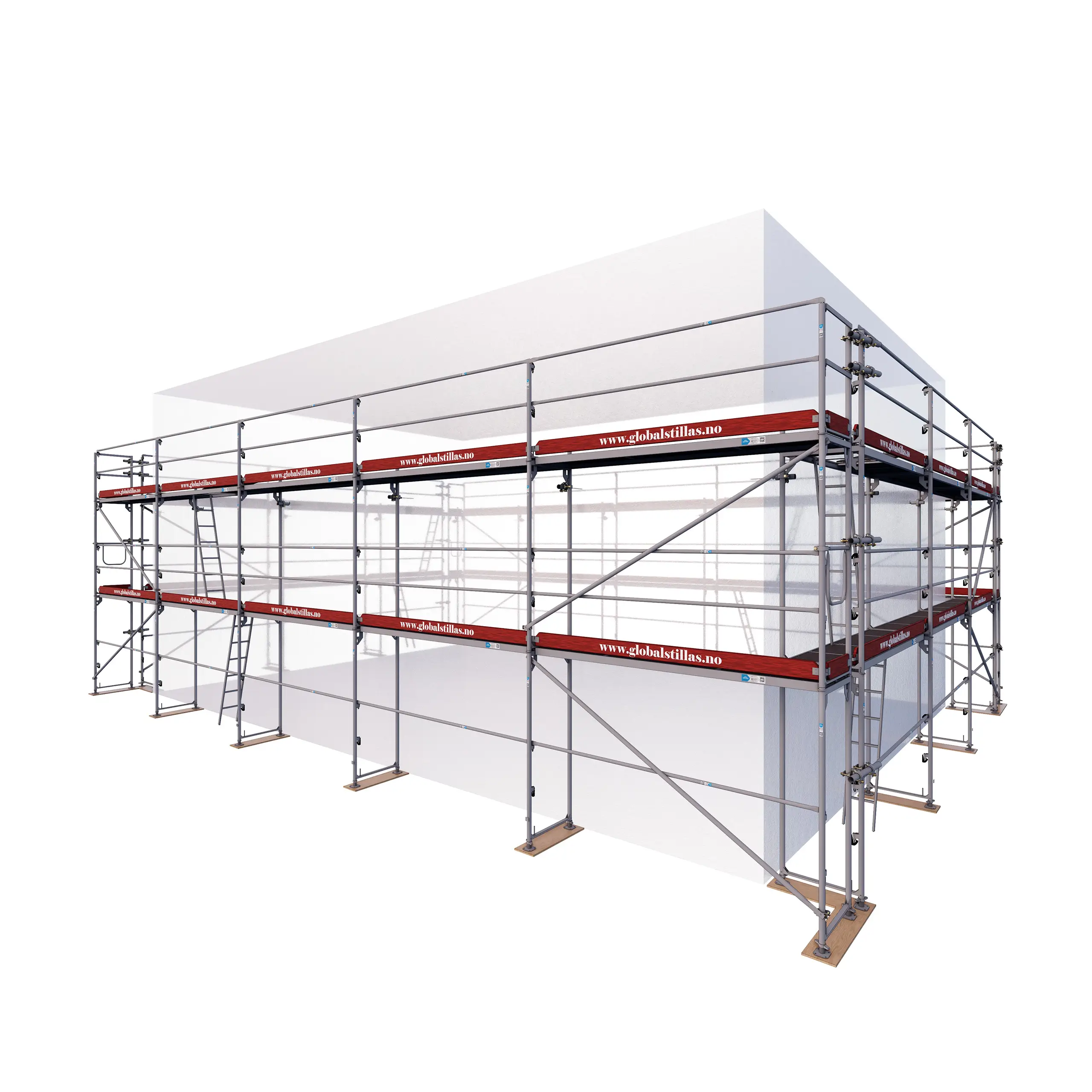 Hjørneperspektiv av Proff 320m² stål stillaspakke fra Global Stillas – robust fasadestillas for mailing, renovering og nybygg