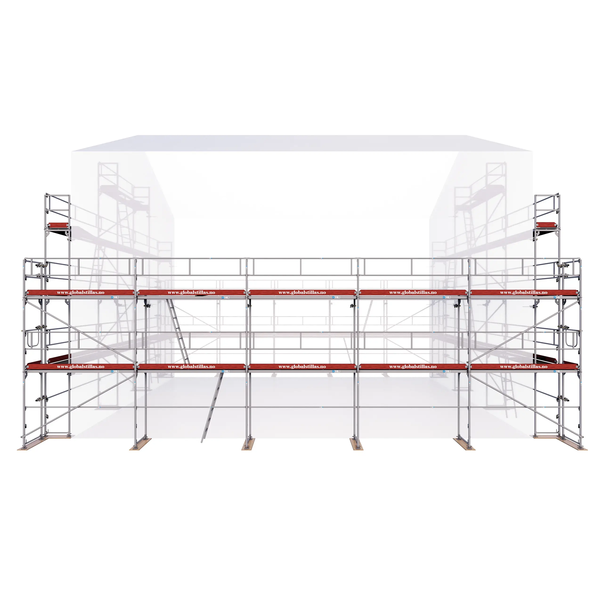 Proffstillas i aluminium fra Global Stillas – frontvisning av Huspakke 370 m²