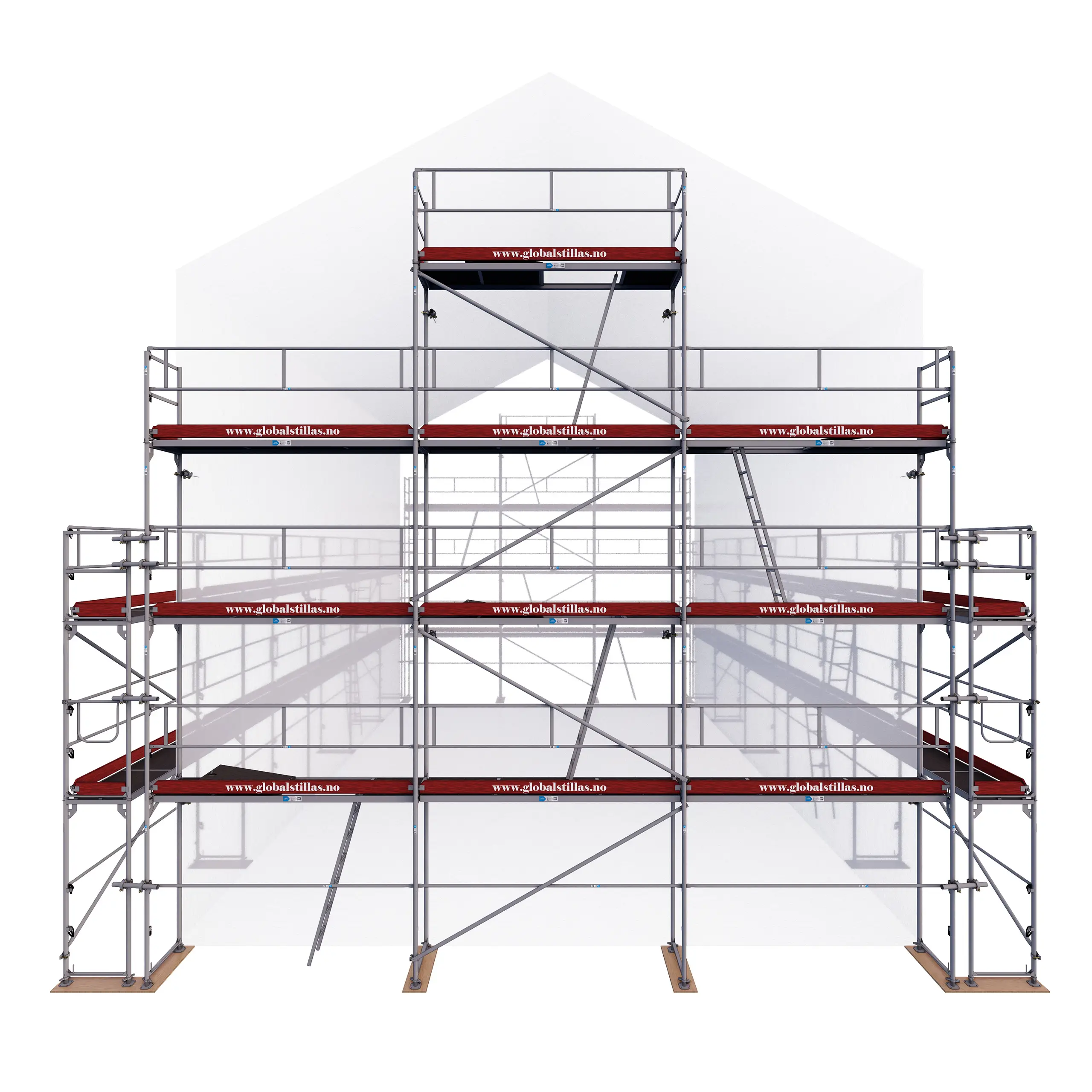 Byggstillas Huspakke 370 m² aluminium, sideperspektiv - Global Stillas