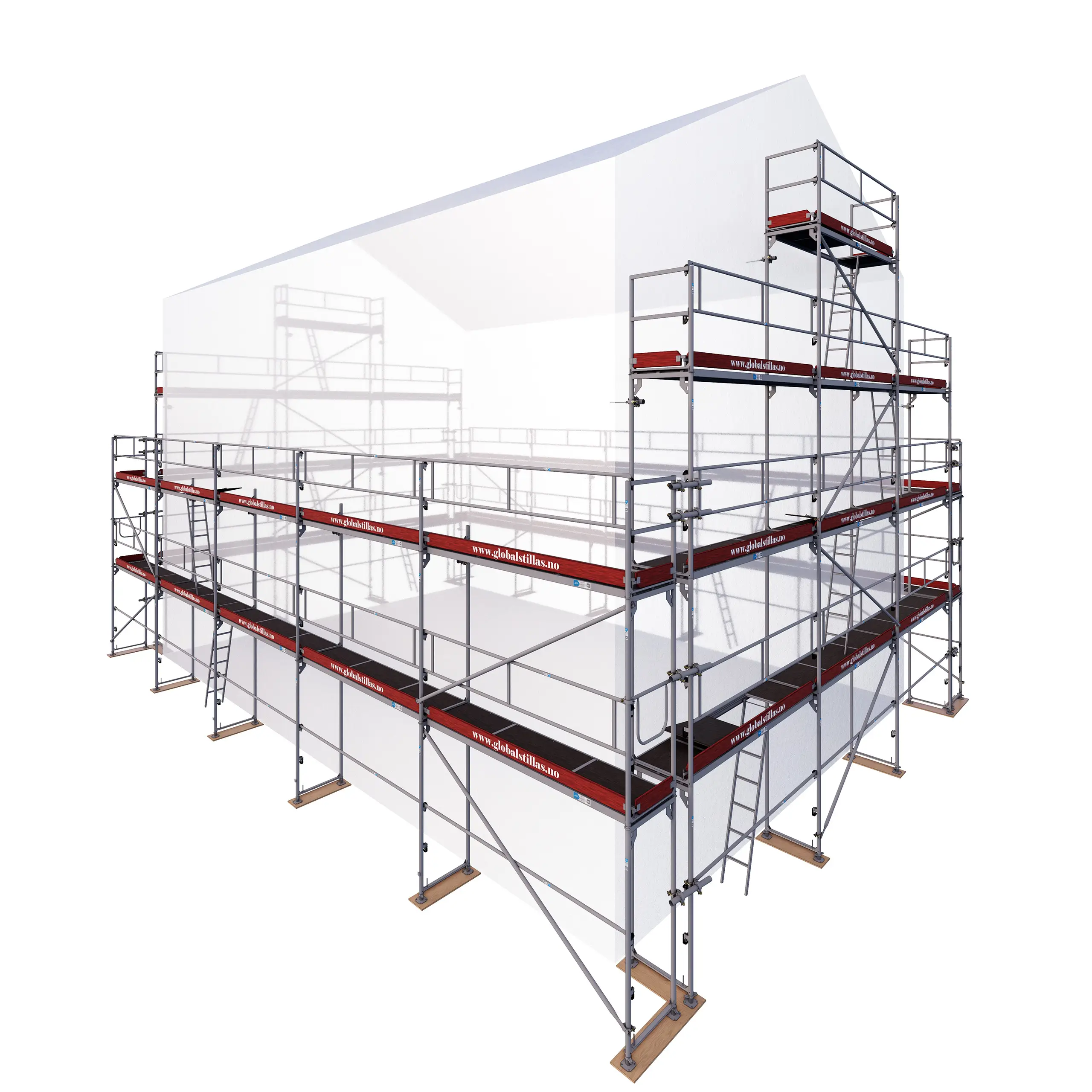 Huspakke Proff 370 m² aluminium stillas fra Global Stillas sett fra hjørnet