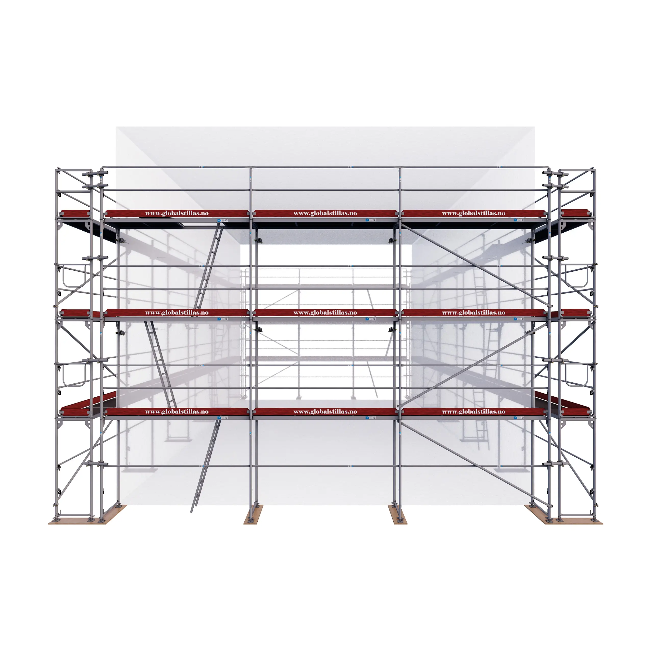 Frontperspektiv av Huspakke Proff 418m² stål – stillaspakke titan stillas fra Global Stillas