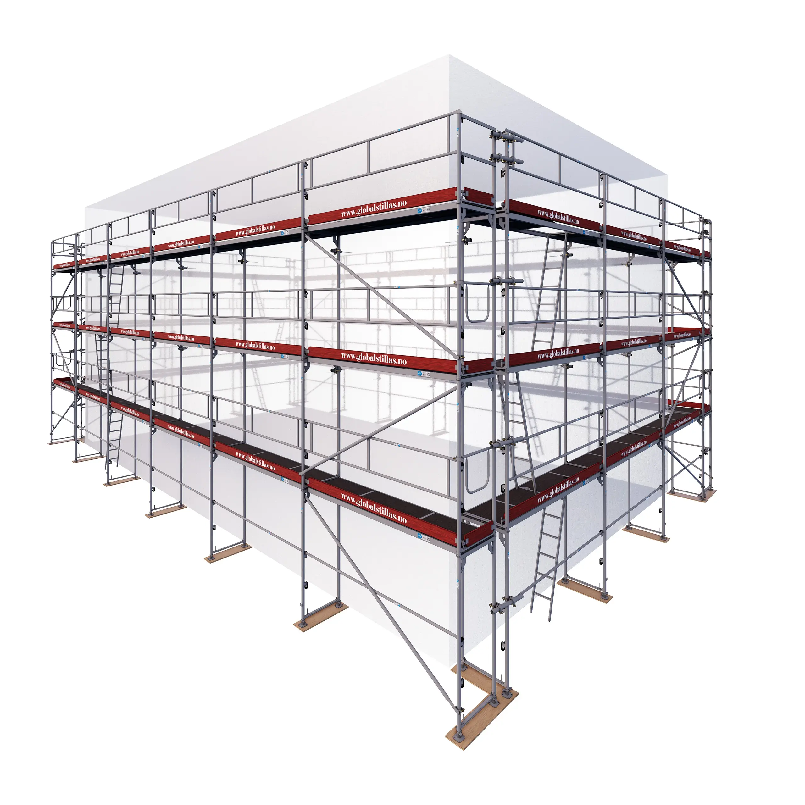 Huspakke Proff 470 m² aluminium stillas – hjørneperspektiv fra Global Stillas