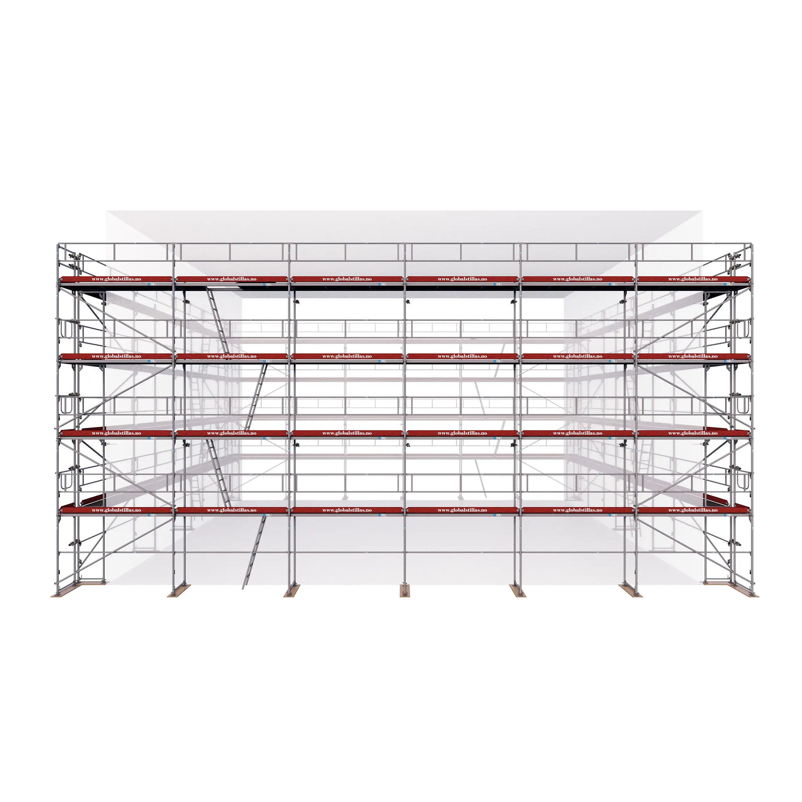 Frontvisning av Huspakke Proff 646 m² aluminium stillas fra Global Stillas