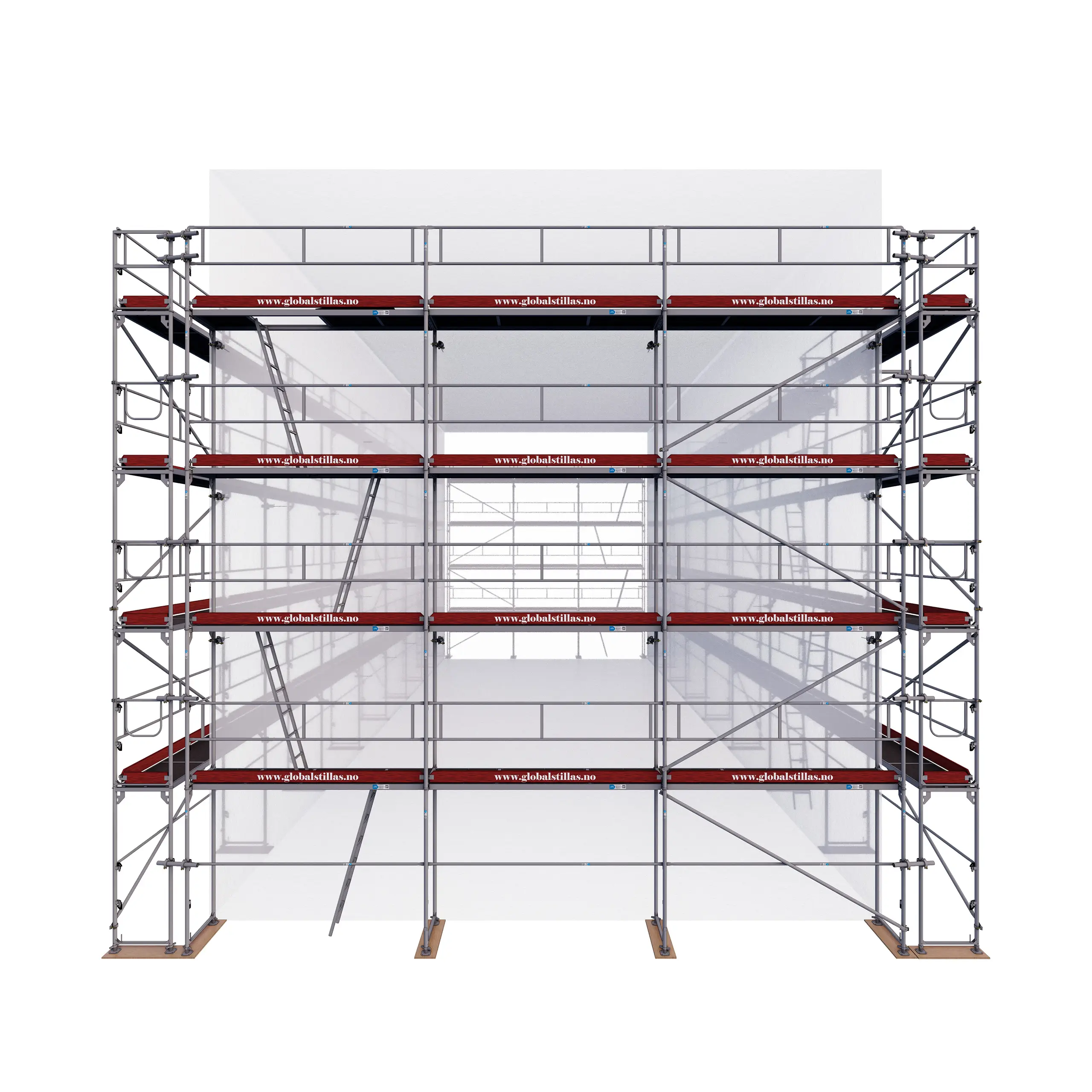 Stillaspakke Proff 710 m² aluminium byggstillas sett fra gavlen - Global Stillas