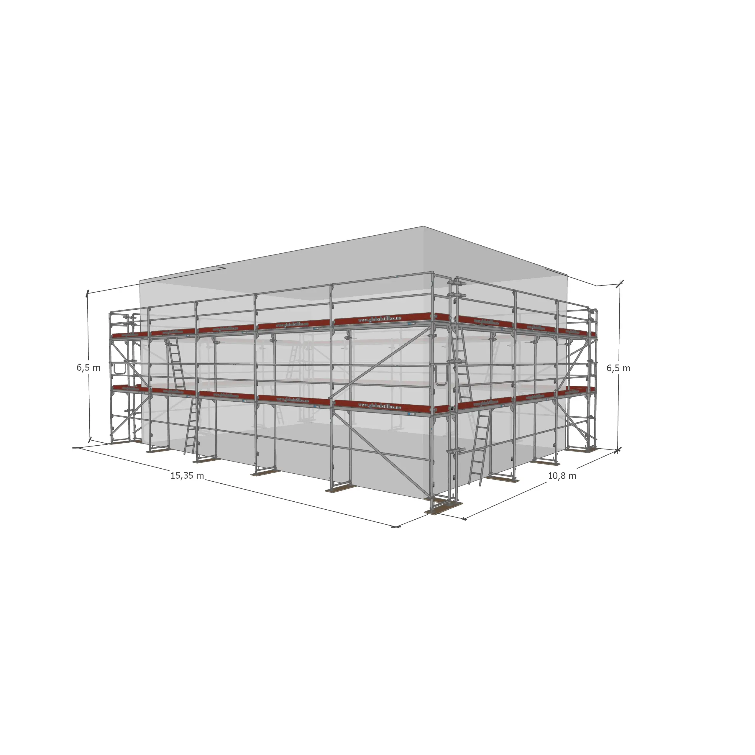 Huspakke Proff 320m² stål - Global Stillas med dimensjoner 15,35 x 10,8 meter