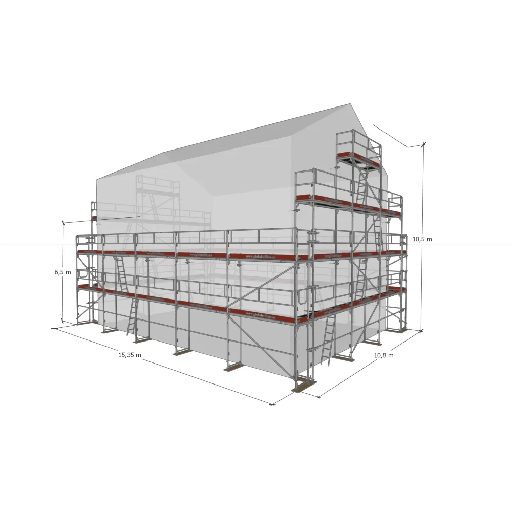 Huspakke Proff 370m² aluminium, Teknisk illustrasjon av aluminium stillas med dimensjoner - Global Stillas
