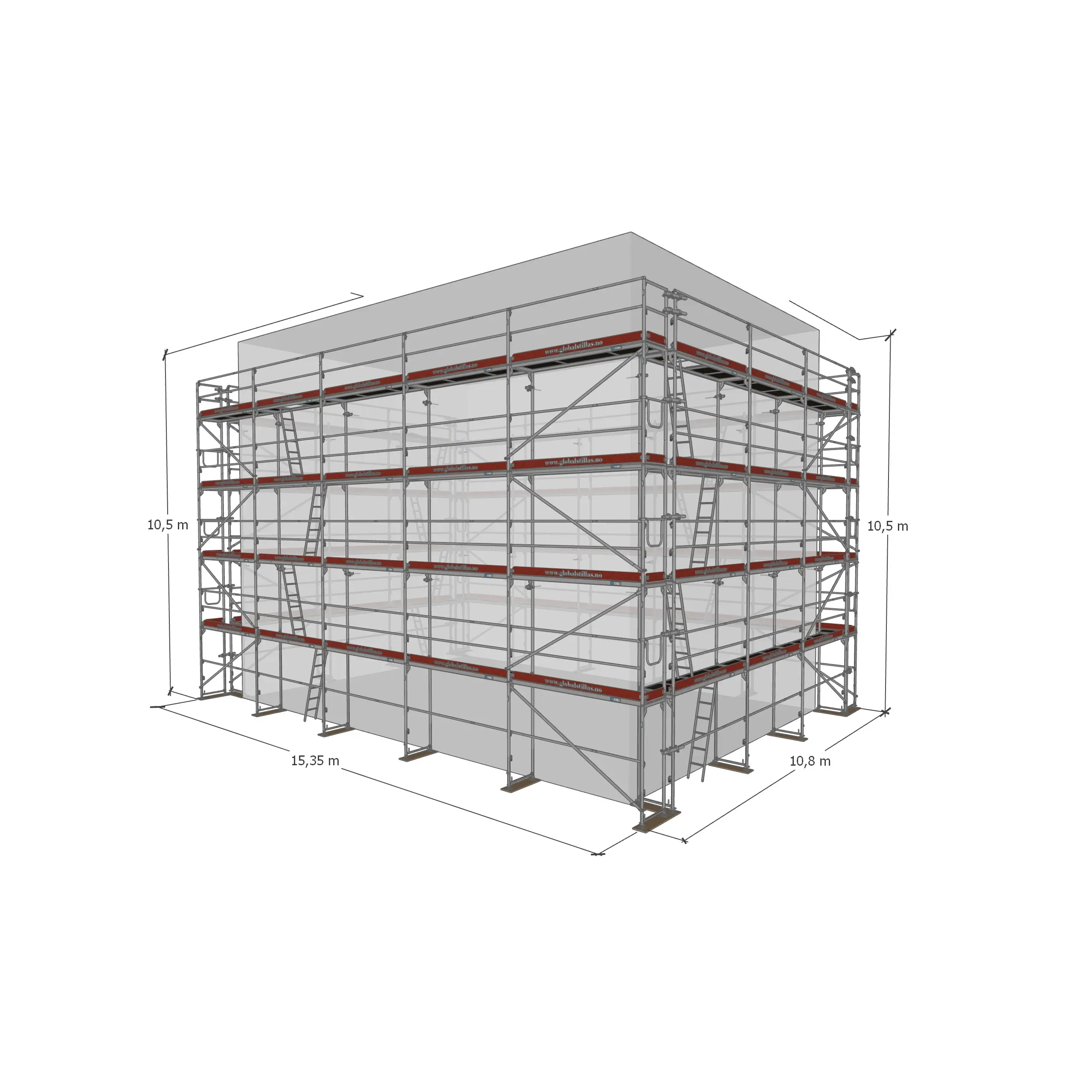 Huspakke Proff 516m² stål fra Global Stillas – illustrasjon med mål og dimensjoner for komplett proffstillas